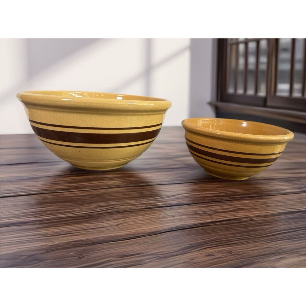 Antique Weller Yellow Ware Mixing Bowl Set 10” & 7.25” Signed Primitive Kitchen
